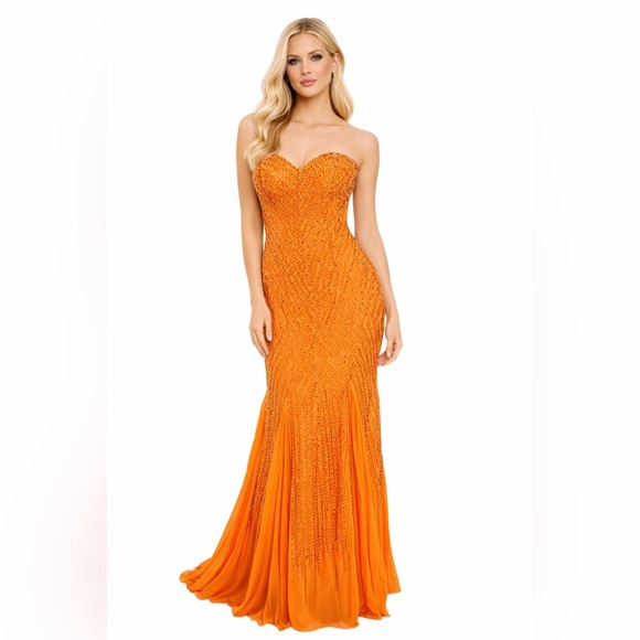 Dresses & Skirts - Womens Bright Orange Sequins Gown Size 4 Lace Up Back Crinoline Bottom